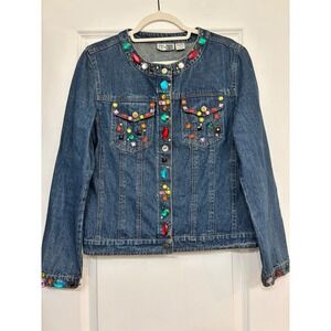 Boutique Jeweled Denim Jacket Medium Wash Beaded Gemstones Small